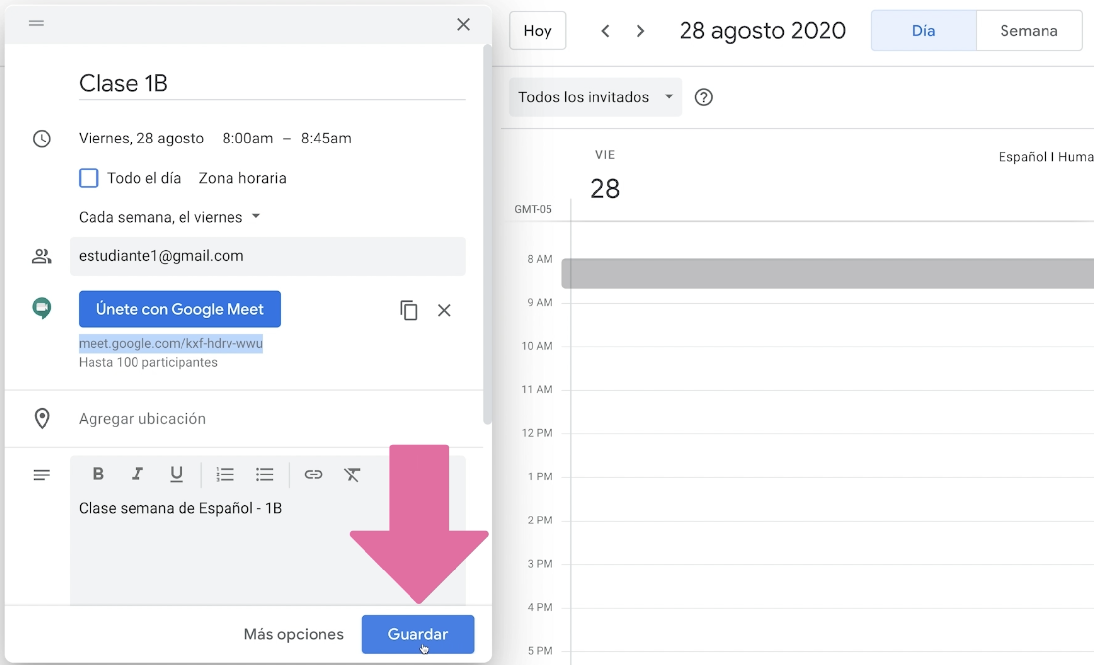 Guardar ajustes para establecer una reunión en el calendario de tu Google Classroom.